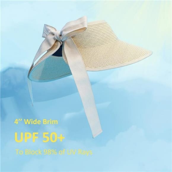 New Sun Visor Hats for Wome  Summer Ponytail Foldable Straw Beach‎ Hat UPF 50+ - Picture 1 of 2